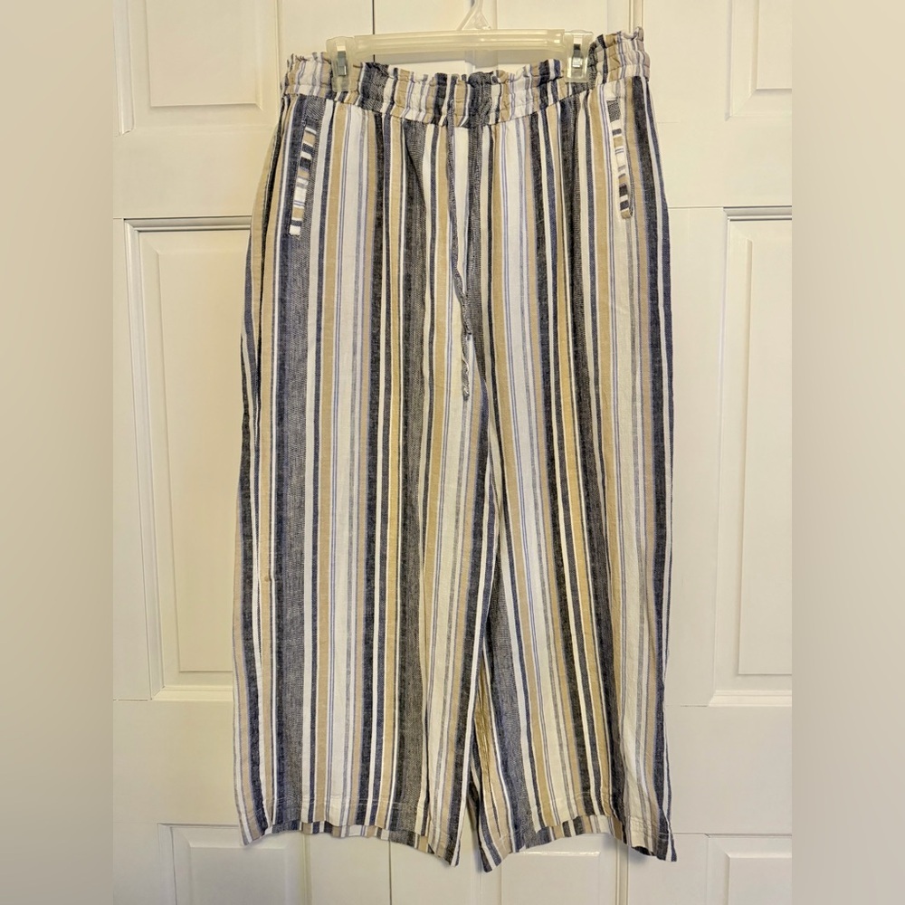 Zac & Rachel Linen Blend Wide-Leg Cropped Striped Pants Size Large